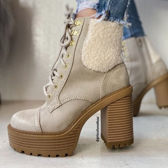 Beige Faux Fur Motorcycle Platform Booties - Picture 1 of 5